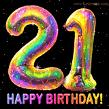 Shiny number 21 birthday celebration balloons with an iridescent glow and glitter on a black background with twinkling stars.
