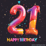 A vibrant age-specific birthday short animation displays the number '21' in shiny balloon-like letters with the words 'Happy Birthday' underneath. The dark background is punctuated with festive stars and balloons.
