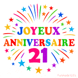 GIF animé joyeux anniversaire 21 ans avec étoiles multicolores et feu d’artifice
