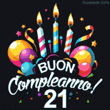 Augura buon compleanno ai 21 anni con questa GIF colorata e festosa: palloncini, stelle e candele per un augurio digitale indimenticabile