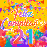 Un GIF animado para un 21º cumpleaños, Muestra el texto 'Feliz Cumpleaños 21' sobre un fondo amarillo vibrante con globos de colores, banderines y una lluvia de confeti.