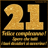 Un GIF animato per un 21° compleanno, Presenta il testo 'Buon Compleanno 21' su uno sfondo giallo vivo con palloncini colorati, festoni e una pioggia di coriandoli.