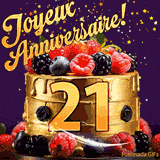 Une animation de célébration d'un gâteau de 21ème anniversaire, Des étoiles dorées tombent du ciel, mettant en valeur le texte 'Joyeux Anniversaire !' et le nombre doré 21 à l'avant du gâteau.