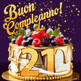 Un GIF animato di una bellissima torta per il 21° compleanno con glassa dorata e frutti di bosco freschi, Il numero dorato 21 è davanti, e stelle cadono su uno sfondo viola scuro.
