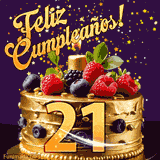 Una animación de celebración de una tarta para el 21º cumpleaños, Estrellas doradas caen del cielo, destacando el texto '¡Feliz Cumpleaños!' y el número dorado 21 en la tarta.