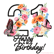 A floral 21st birthday animated greeting card. The number '21' is surrounded by animated flowers and butterflies, creating a beautiful and cheerful way to celebrate the milestone.