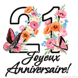 Ce GIF de Joyeux 21ème Anniversaire présente le nombre vingt rempli d'un bouquet vibrant de fleurs animées, avec des papillons qui bougent doucement sur un fond blanc.