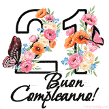 Questo GIF di Buon 21° Compleanno mostra il numero venti riempito con un vibrante bouquet di fiori animati, con farfalle che si muovono dolcemente su uno sfondo bianco.