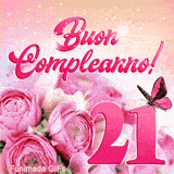 Immagine GIF animata per i 21 anni con numero rosa, bouquet floreale raffinato e una farfalla che sbatte le ali tra scintille magiche.