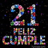 El número 21 y el mensaje FELIZ CUMPLE están fabricados con gemas brillantes multicolores, colocados en un fondo negro con estrellas de luz.