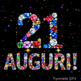 Su uno sfondo scuro, il numero 21 e la parola Auguri sono formati da diamanti multicolori, accompagnati da piccole stelle scintillanti.