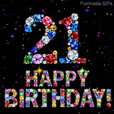 A black background showing the number 21 and Happy Birthday text, both shaped by sparkling multi-colored diamonds surrounded by tiny shining bright sparks.