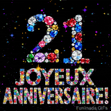 Sur un fond sombre, le chiffre 21 et Joyeux Anniversaire sont formés par des diamants multicolores, accompagnés de petites étoiles scintillantes.