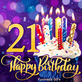 The golden digit 21 beside a sprinkled cupcake with lit colorful candles. Happy Birthday is written in golden script on a blurry purple background.