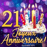 Animation pour les 21 ans : un cupcake garni de bougies illuminées et le chiffre 21 doré sur fond violet scintillant.