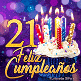 Animación para los 21 años: un cupcake con velas illuminadas y el número 21 dorado sobre fondo violeta brillante.