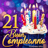 Animazione per i 21 anni: un cupcake con candele illuminate e il numero 21 dorato su sfondo viola brillante.