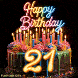 Animated revolving birthday cake GIF for 21st birthday with rainbow icing, lit candles, and glowing yellow number 21.