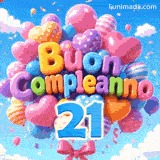 Palloncini a pois e a righe fluttuano nella brezza. L'iscrizione 3D Buon Compleanno si trova sopra il numero azzurro 21.