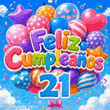 Animación para los 21 años: globos con formas de estrellas y corazones flotando sobre cielo azul con el número 21 azul.
