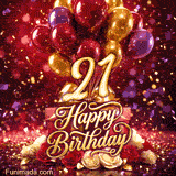 Colorful red purple and gold balloons float above gift boxes and roses framing the golden number 21 with Happy Birthday and sparkling confetti
