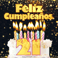 Tarjeta GIF de cumpleaños feliz de 21 años con torta y velas