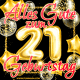 A vibrant greeting card featuring colorful balloons in the background with the large number '21' and the words 'Happy Birthday!' in glowing, bold text