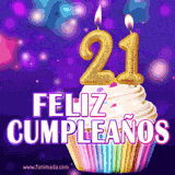GIF animado de un cupcake decorado con confites, dos velas doradas encendidas formando el número 21, sobre un fondo púrpura brillante con destellos.
