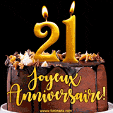 GIF animé pour un 21e anniversaire avec une élégante gâteau au chocolat, des bougies dorées formant le chiffre 21 et le texte 'Joyeux Anniversaire!' en écriture dorée.