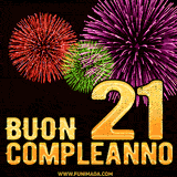 Animazione di fuochi d'artificio colorati con il numero 21 in oro brillante e la scritta 'Buon Compleanno' su uno sfondo nero festivo ed elegante.