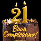 GIF animato con una torta al cioccolato decorata con crema, dettagli dorati e due candele accese che formano il numero 21. Messaggio 'Buon Compleanno' in scritta elegante.