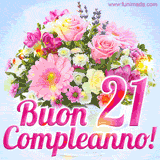 Bouquet animato con rose rosa, margherite e altri fiori colorati, con il numero 21 e la scritta 'Buon Compleanno!' in stile elegante e luminoso.