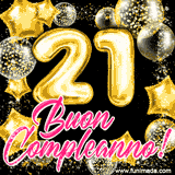 Animazione con palloncini dorati a forma del numero 21, circondati da decorazioni scintillanti e la scritta 'Buon Compleanno!' in caratteri rosa accattivanti.