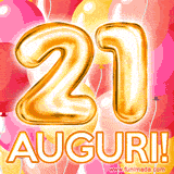 Bouquet animato di palloncini multicolori che emergono da una scatola regalo, con il numero 21 e la scritta 'Tanti Auguri!' su uno sfondo pieno di coriandoli.