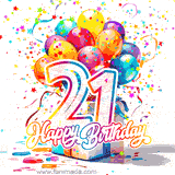A festive birthday age GIF with animated star confetti, colorful balloons, and a gift box with the number 21. The text reads 'Happy Birthday'.