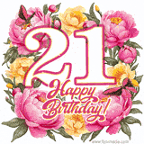 A celebratory GIF image features the animated number '21' and the words 'Happy Birthday!' surrounded by pink and yellow flowers. Two moving butterflies are included in this festive design.