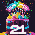Chocolate cake with number 21 adorned with vibrant multicolored frosting, candles, and a rainbow topper