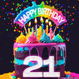Chocolate cake with cyan layers, pink dressing and a big number 21 adorned with vibrant multicolored frosting, lit candles, and a rainbow topper with text that says 'Happy Birthday'. Animated colorful confetti move behind the cake.