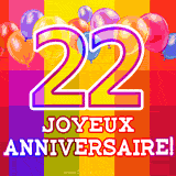 GIF animé 22 ans avec des ballons colorés, un grand chiffre 22 et 'Joyeux Anniversaire!' sur un fond éclatant.