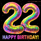 Shiny number 22 birthday celebration balloons with an iridescent glow and glitter on a black background with twinkling stars.