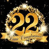 Il numero 22 è circondato da un anello dorato brillante, accompagnato da un nastro elegante con la scritta 'Buon Compleanno!' su uno sfondo scuro.