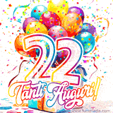 Animazione con palloncini colorati e scintillanti, accompagnata dal numero 22 in caratteri grandi e luminosi, e la scritta 'Tanti Auguri!' in stile vivace.