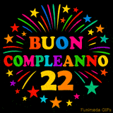 GIF animata 'Buon Compleanno 22' con lettere colorate e fuochi d'artificio