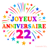 GIF animé joyeux anniversaire 22 ans avec étoiles multicolores et feu d’artifice