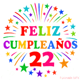 Imagen animada para felicitar los 22 años con letras de colores y diseño festivo.