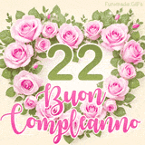 GIF per il 22° compleanno con un cuore di rose rosa e scritta elegante