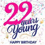 Colorful animated birthday GIF displaying the text '22 years Young' in bright pink and navy blue, with confetti falling and gold balloons floating.