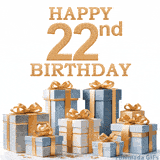 Festive animated eCard with elegant 'Happy 22nd Birthday' text above a pile of luxurious blue, white, and gold gift boxes and presents.