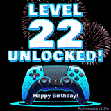 Animated GIF for a 22 birthday. The text 'Level 22 Unlocked!' and 'Happy Birthday!' are displayed over a blue video game controller with exploding fireworks in the background.