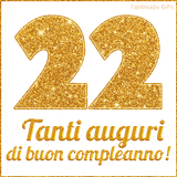 GIF animata per un 22° compleanno, Mostra il numero 22 in grandi caratteri dorati pieni di glitter scintillante, Sotto, la scritta 'Tanti auguri di buon compleanno!' in un elegante oro.